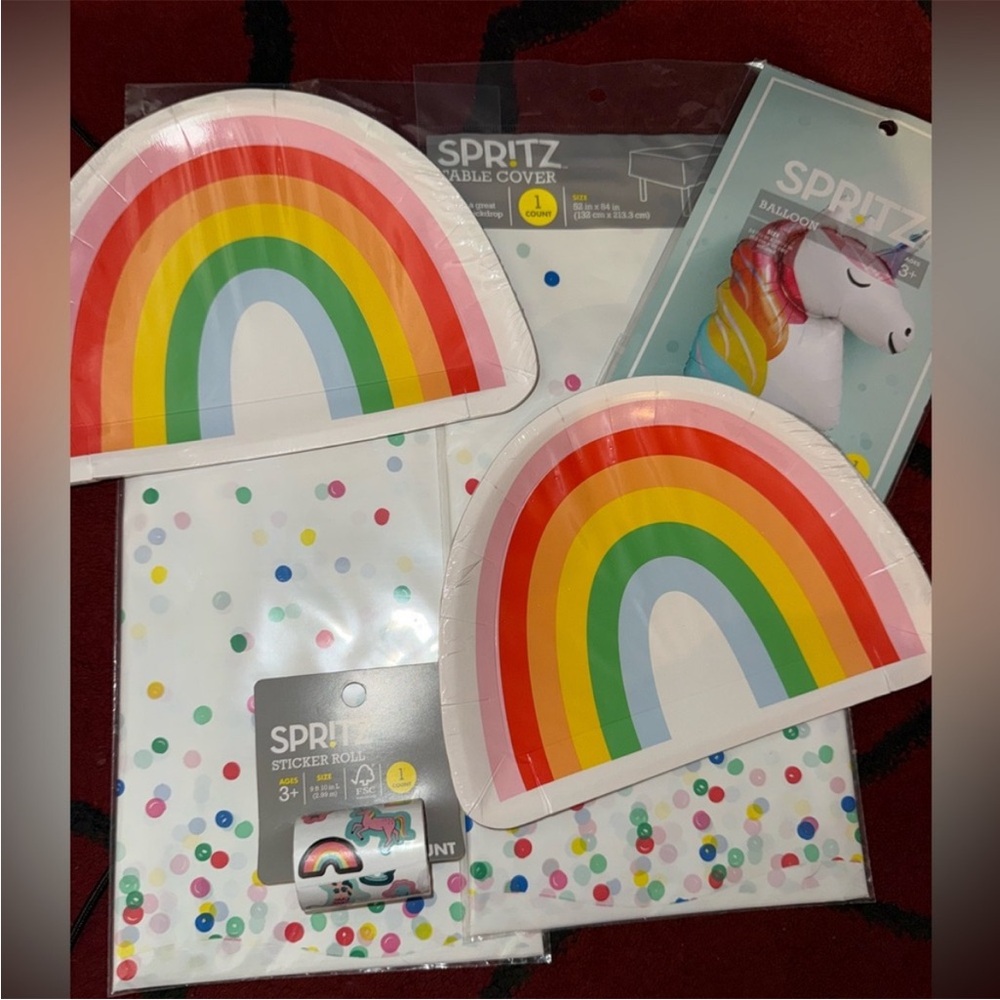 Spritz Rainbow Party Plates & Table Cover Set - Multicolor